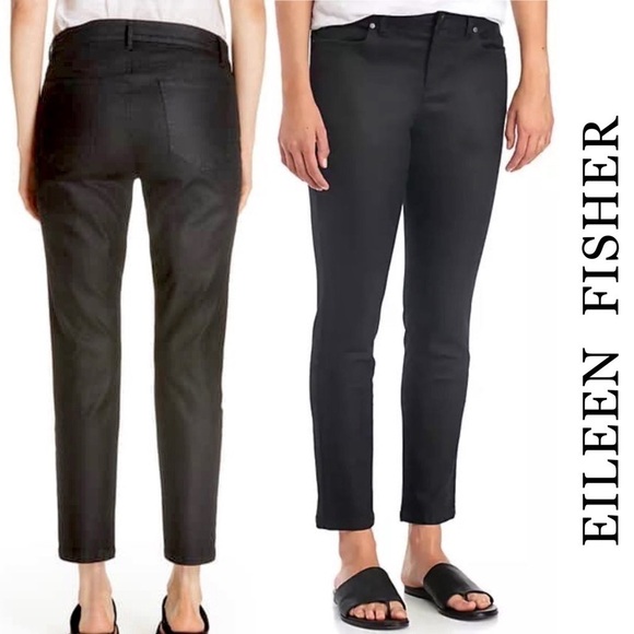 Eileen Fisher NWT Coated Stretch Slim Black Ankle Jeans Size 2 - Picture 1 of 11